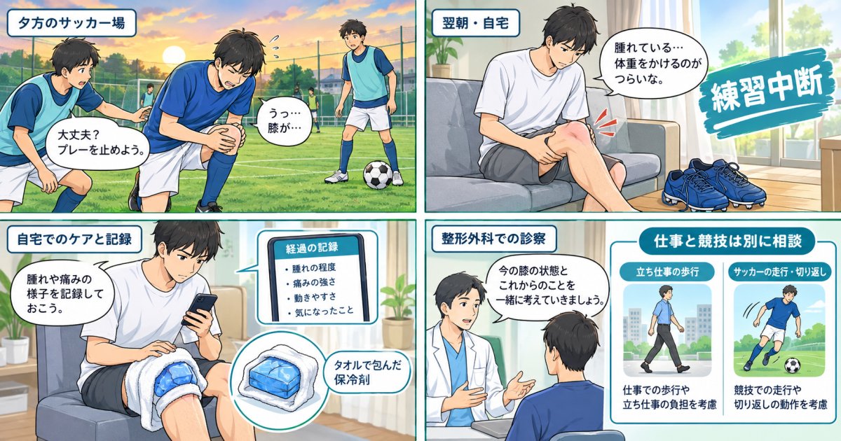 サッカーで膝が腫れたら練習は中断？仕事前に知る整形外科受診の目安