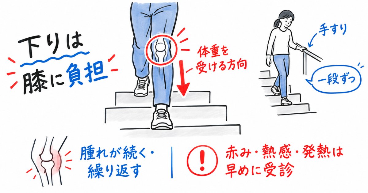 階段を下りると膝が痛い・腫れる｜原因と負担の減らし方、受診目安